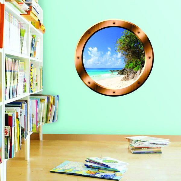 VWAQ Relaxing Beach Porthole Window Peel and Stick Vinyl Wall Art Decal - BP35