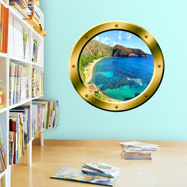 VWAQ Ocean Beach Cliff View Gold Porthole Peel and Stick Vinyl Wall Decal - GP18 - VWAQ Vinyl Wall Art Quotes and Prints