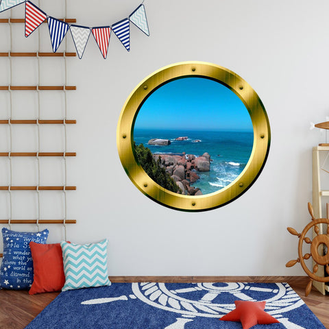 VWAQ Ocean Cliff Gold Porthole Window Peel and Stick Vinyl Wall Decal - VWAQ Vinyl Wall Art Quotes and Prints