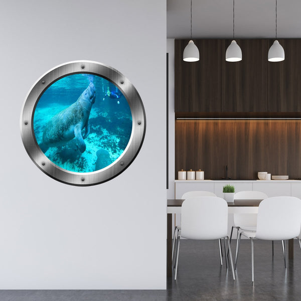 VWAQ Underwater Manatee Silver Porthole Peel and Stick Vinyl Wall Decal