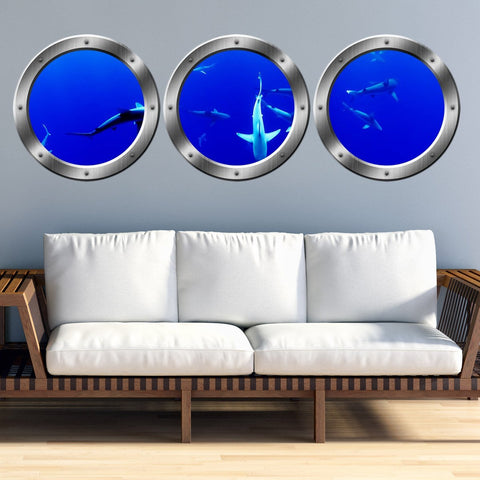 VWAQ School of Sharks Submarine Window Portholes Underwater Scene Wall Decals
