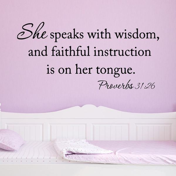 VWAQ She Speaks with Wisdom Proverbs 31:26 Bible Vinyl Wall Decal - VWAQ Vinyl Wall Art Quotes and Prints