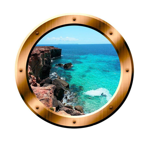 VWAQ Ocean Side Cliff View Bronze Porthole Peel and Stick Vinyl Wall Decal - VWAQ Vinyl Wall Art Quotes and Prints no background