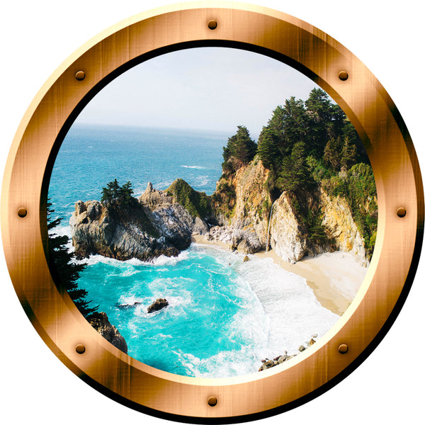 VWAQ Rocky Beach Forest Scene Porthole Window Peel and Stick Wall Art Decal - BP41 no background