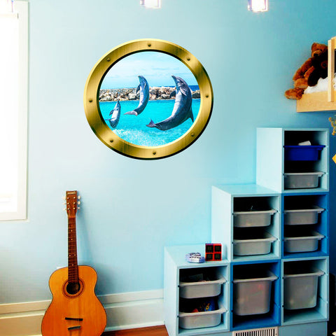 VWAQ Peel and Stick Gold Dolphin Porthole Vinyl Wall Decal - GP26