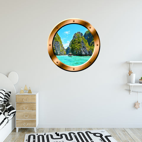 VWAQ Boat in Ocean Nature Scene Peel and Stick Bronze Porthole Vinyl Wall Decal - BP23 - VWAQ Vinyl Wall Art Quotes and Prints