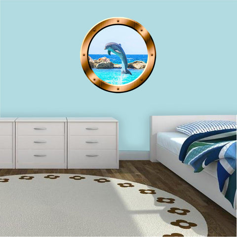 VWAQ Dolphin in Ocean Bronze Porthole Peel and Stick Vinyl Wall Decal - BP30 - VWAQ Vinyl Wall Art Quotes and Prints