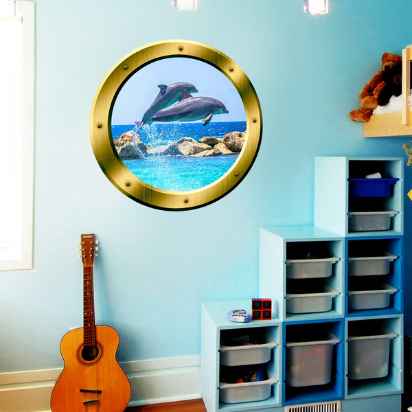 VWAQ Peel And Stick Dolphin Vinyl Wall Decal Gold Porthole
