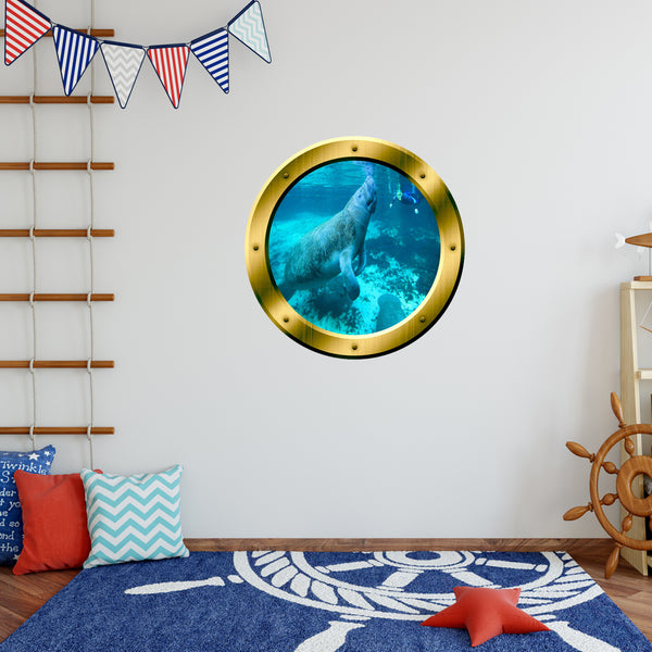 VWAQ Peel and Stick Gold Porthole Manatee Under Water Vinyl Wall Decal - GP25