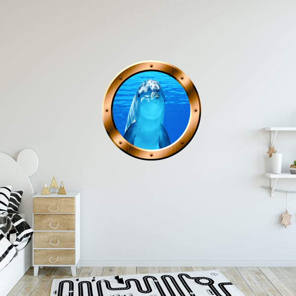 VWAQ Peel and Stick Porpoise Dolphin Bronze Porthole Vinyl Wall Decal - BP29