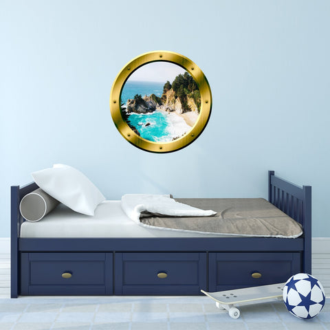 VWAQ Ocean Cliff Aerial View Peel and Stick Gold Window Porthole Wall Decal - GP41