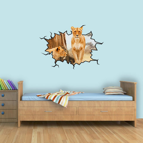 VWAQ African Lioness Wall Crack 3D Safari Vinyl Wall Decal - WC14 - VWAQ Vinyl Wall Art Quotes and Prints