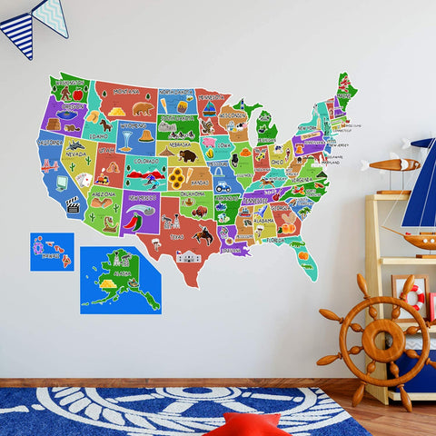 VWAQ US Map Wall Decal United States of America Sticker Peel and Stick Kids Decor - HOL44