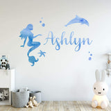VWAQ Watercolor Mermaid Custom Name Wall Decal Personalized Girls Room Decor - GN36