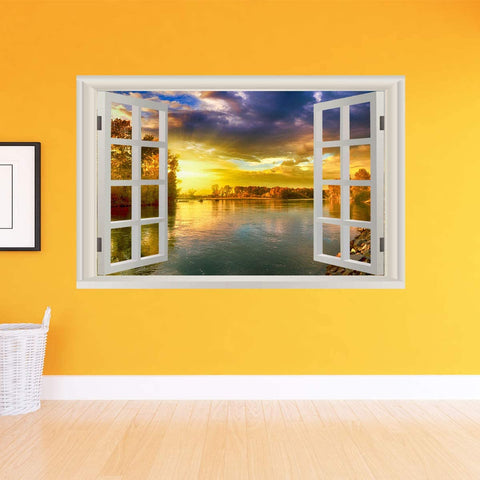VWAQ - Sunset Window Wall Decal Peel and Stick Lake Scenery Nature Decor Sticker - NWT13