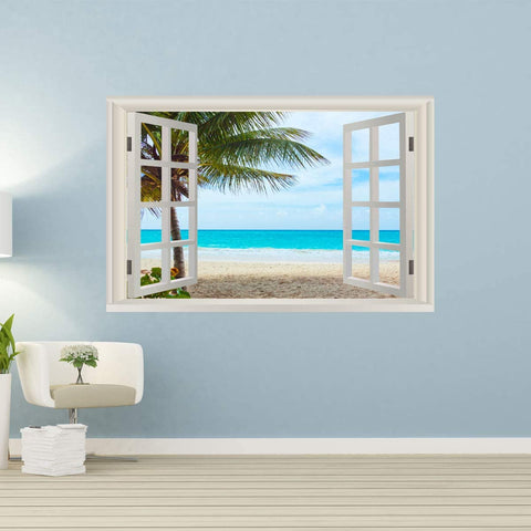 VWAQ - 3D Window Ocean Beach Palm Trees Wall Decals Sea Decor Sticker Seascape Mural - NWT15