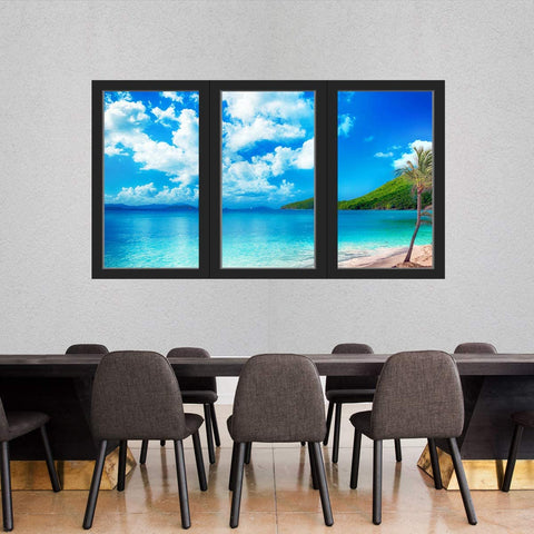 VWAQ - Tropical Beach 3D Office Window Wall Art Decals Ocean Sticker Seascape Mural - OW19