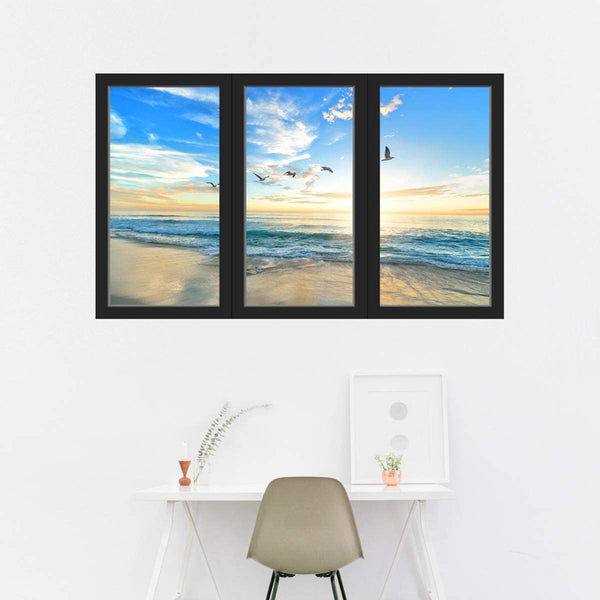 VWAQ - Sunset 3D Beach Office Window Wall Decals Ocean View Sticker Seascape Mural - OW20