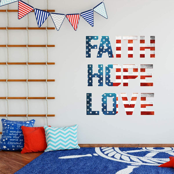 VWAQ Faith Hope Love Wall Decal Printed American Flag Sticker Lettering - PT3