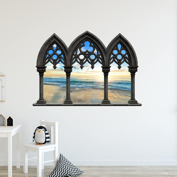 VWAQ - Castle Window Decals for Walls Sunset Beach Window Wall Decals 3D Window Decor - NWC20