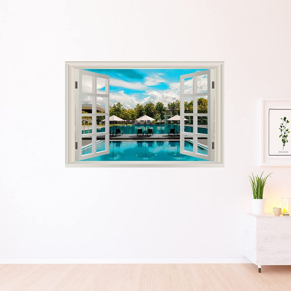 VWAQ - Vacation Wall Decal 3D Window View Office Nature Sticker Poolside Home Decor - NWT38