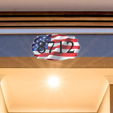 VWAQ Personalized American Flag House Number Sign Address Plaque Patriotic Decor - Single Sided and Reflective Pre-Drilled Holes - AS3S2 Horizontal