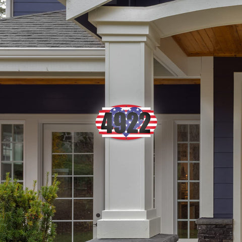 VWAQ Personalized Heart American Flag House Address Sign Patriotic Numbers Plaque - Single Sided and Reflective Pre-Drilled Holes - AS3S4 Vertical