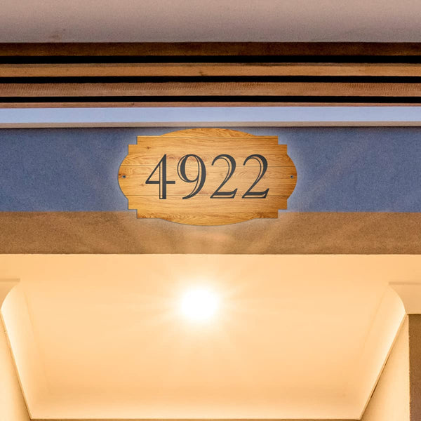 VWAQ Custom Address House Number Aluminum Sign Wood Design Plaque - Single Sided and Reflective Pre-Drilled Holes - AS3S5 Horizontal