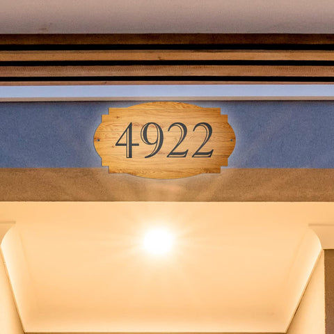 VWAQ Custom Address House Number Aluminum Sign Wood Design Plaque - Single Sided and Reflective Pre-Drilled Holes - AS3S5 Horizontal