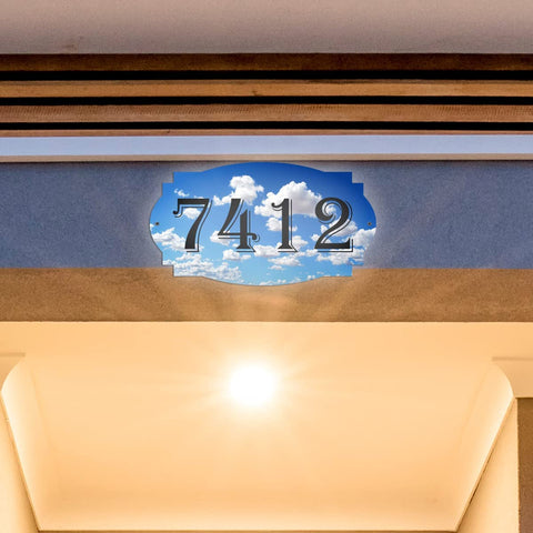 VWAQ Custom House Number Aluminum Sign Clouds Design Address Plaque - Single Sided and Reflective Pre-Drilled Holes - AS3S6 Horizontal
