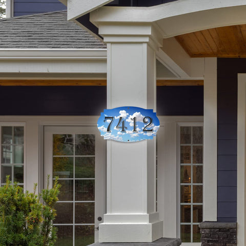 VWAQ Personalized Sign House Number Aluminum Address Plaque Clouds Design - Single Sided and Reflective Pre-Drilled Holes - AS3S6 Vertical