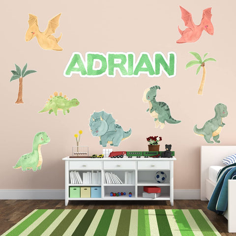 VWAQ Personalized Name with Dinosaur Wall Decals Kids Room Wall Stickers Peel and Stick - 10 PCS - HOL69