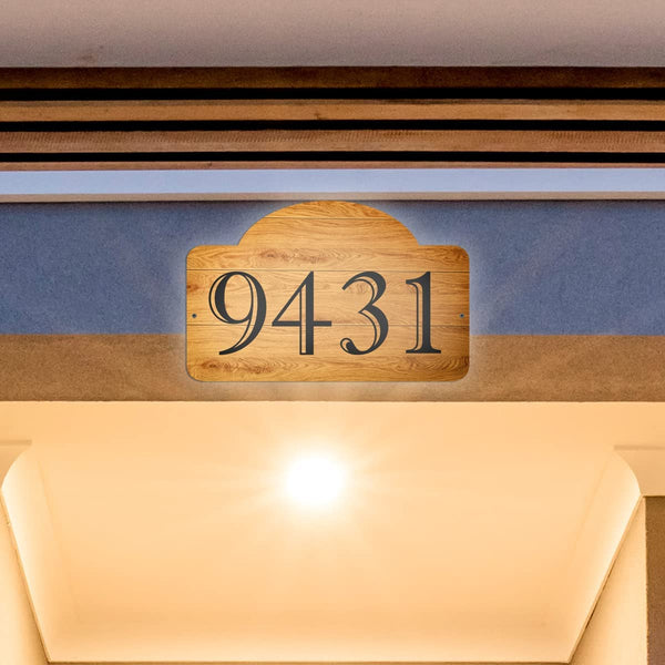 VWAQ Custom Aluminum Sign House Address Numbers Wood Design Plaque - Single Sided and Reflective Pre-Drilled Holes - AS4S5 Horizontal