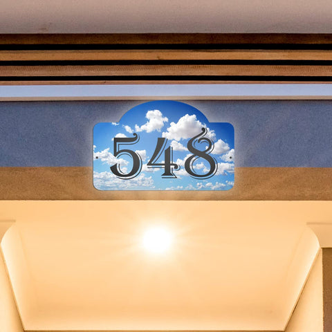 VWAQ Custom Home Address Aluminum Sign Numbers Clouds Design Plaque - Single Sided and Reflective Pre-Drilled Holes - AS4S6 Horizontal