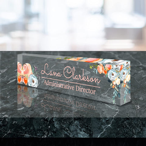 VWAQ Personalized Name Plate for Desk - Water Color Floral On Clear Acrylic Glass - Custom Office Decor Nameplate Sign - Personalized Gift - ACS31