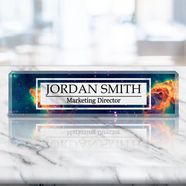 VWAQ Custom Galaxy Design Name Desk Plate On Clear Acrylic Glass - Personalized Office Decor Nameplate Sign Gift - ACS50