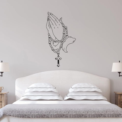 VWAQ Praying Hands Rosary Vinyl Wall Art Decal - Christian Religious Home Decorations