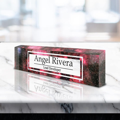 VWAQ Custom Galactic Design Name Desk Plate On Clear Acrylic Glass - Personalized Office Decor Nameplate Sign Gift - ACS51