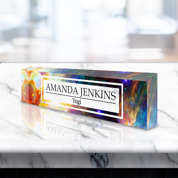 VWAQ Custom Nameplate for Desk - Personalized Name Clear Acrylic Glass Galaxy Nebula Outer Space Art - Customized Gift - ACS56