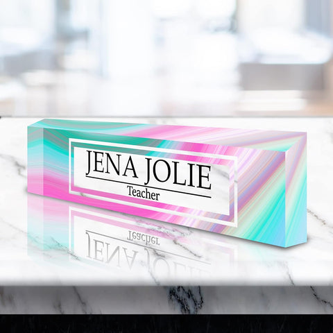 VWAQ Personalized Nameplate for Desk - Custom Name Clear Acrylic Glass Epoxy Resin Styled Marble Look - Customized Gift - ACS59