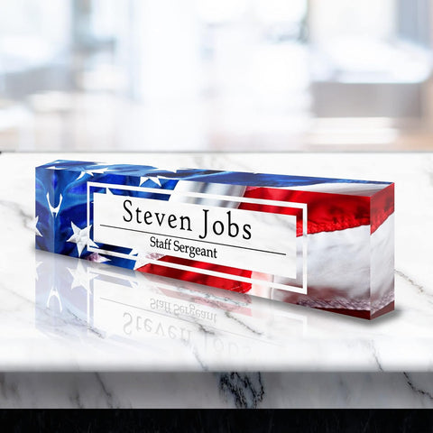 VWAQ Personalized Patriotic Nameplate for Desk - Custom Clear Acrylic Glass American Flag Art - Customized Office Decor Name Plate Sign - Personalized Gift - ACS72