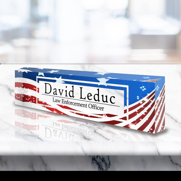 VWAQ Custom American Flag Nameplate for Desk - Personalized Clear Acrylic Glass Patriotic Art - Customized Office Decor Name Plate Sign - Personalized Gift - ACS73