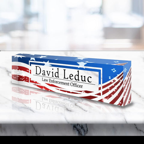 VWAQ Custom American Flag Nameplate for Desk - Personalized Clear Acrylic Glass Patriotic Art - Customized Office Decor Name Plate Sign - Personalized Gift - ACS73