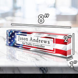 VWAQ Custom American Flag Name Plate for Desk - Clear Acrylic Glass Art - Customized Office Decor Nameplate Sign - Personalized Gift - ACS78