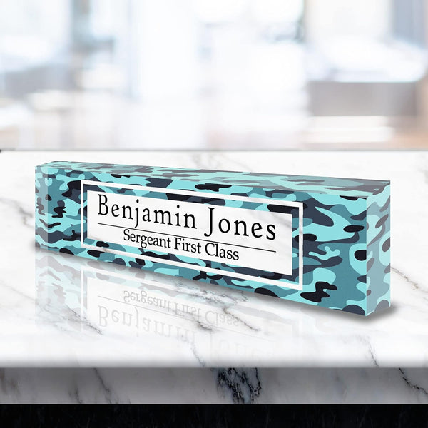 VWAQ Custom Camouflage Name Plate for Desk - Clear Acrylic Glass Art - Customized Office Decor Nameplate Sign - Personalized Gift - ACS80