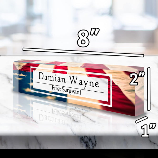 VWAQ Custom American Flag Name Plate for Desk - Clear Acrylic Glass Art - Customized Office Decor Nameplate Sign - Personalized Gift - ACS77