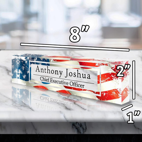 VWAQ Custom American Flag Name Plate for Desk - Clear Acrylic Glass Art - Customized Office Decor Nameplate Sign - Personalized Gift - ACS76