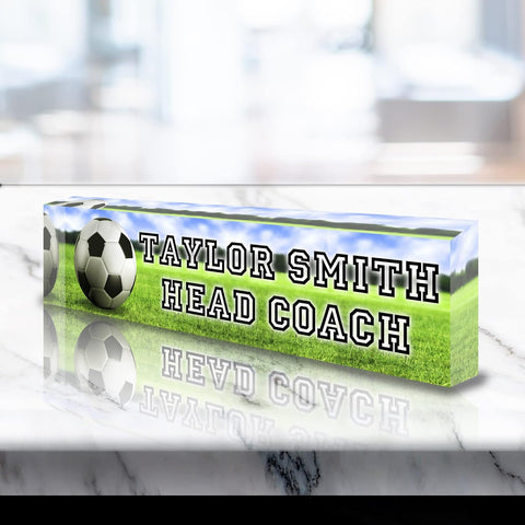 VWAQ Custom Soccer Name Plate for Desk - Clear Acrylic Glass Art - Customized Office Decor Nameplate Sign - Personalized Gift - ACS82