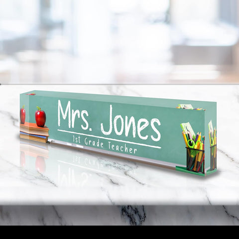 VWAQ Personalized School Teacher Name Plate for Desk - Clear Acrylic Glass Art - Customized Office Decor Nameplate Sign - Personalized Gift - ACS87