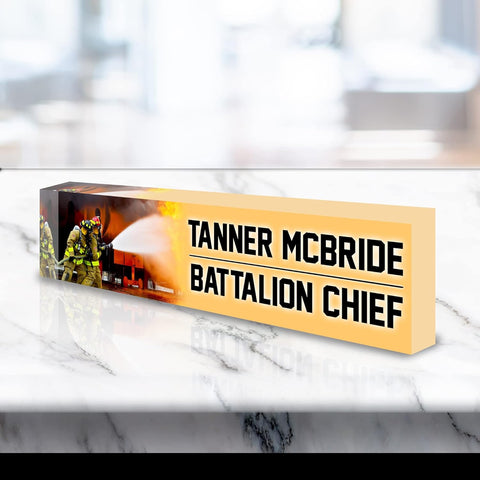 VWAQ Personalized Fire Fighter Name Plate for Desk - Clear Acrylic Glass Art - Customized Office Decor Nameplate Sign - Personalized Gift - ACS88